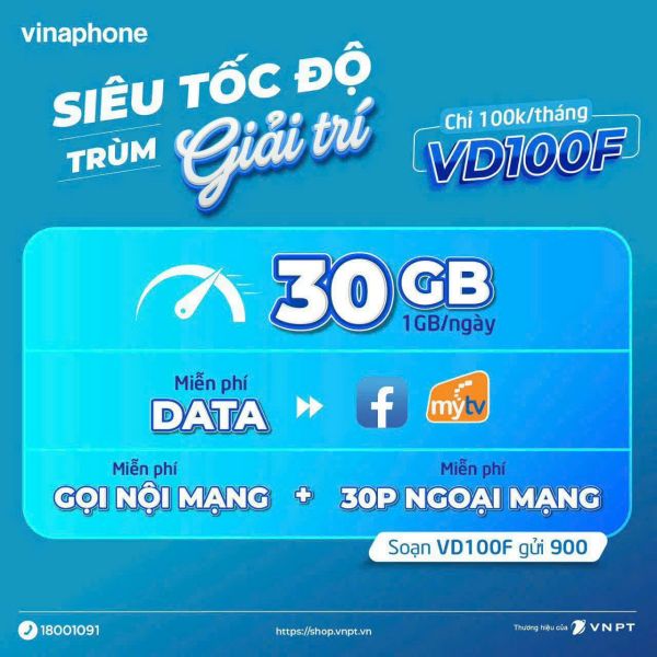 Đăng ký gói VD100F Vinaphone nhận 3GB, free thoại và data Facebook